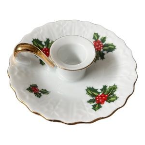 Vintage Lefton China Christmas Holly Berry #07945 Gold Trim Candle Holder